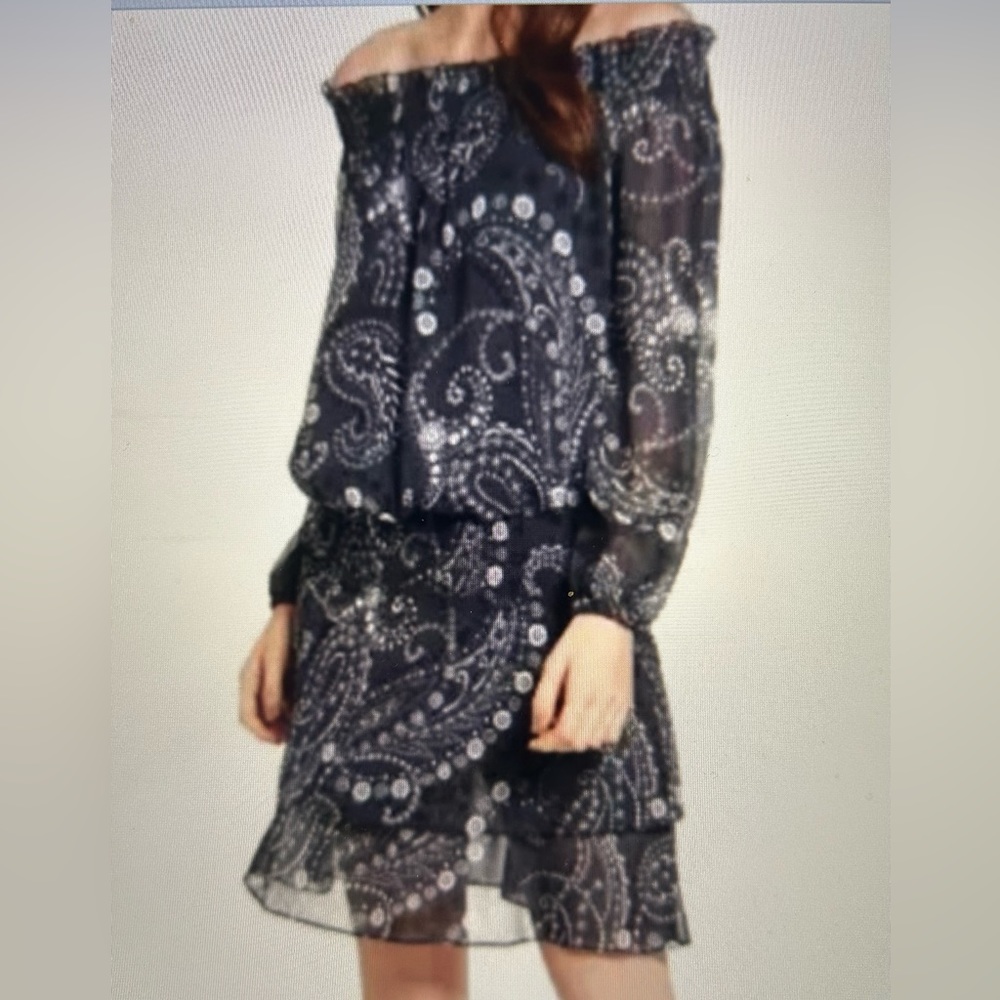 CHELSEA28 Navy Blue White Paisley Print Off Shoulder Mini Dress Medium NWOT